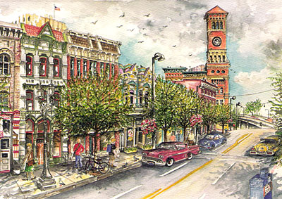 12 Blank Note Cards - Beautiful Victorian buildings along Pacific Avenue in Tacoma.