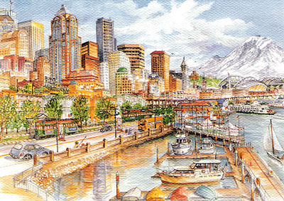 12 Blank Note Cards - Seattle's waterfront looking south from Bell Street Pier.