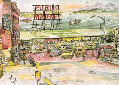 12 Blank Note Cards - Puget Sound ferry from Pine Street at the north end of the Pike Place Market.