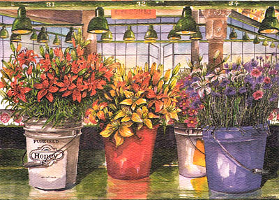 12 Blank Note Cards - Pots of lilies at the Pike Place Market.