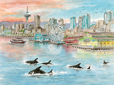 <h6>New!</h6> Seattle Waterfront Orcas - Limited Edition Print